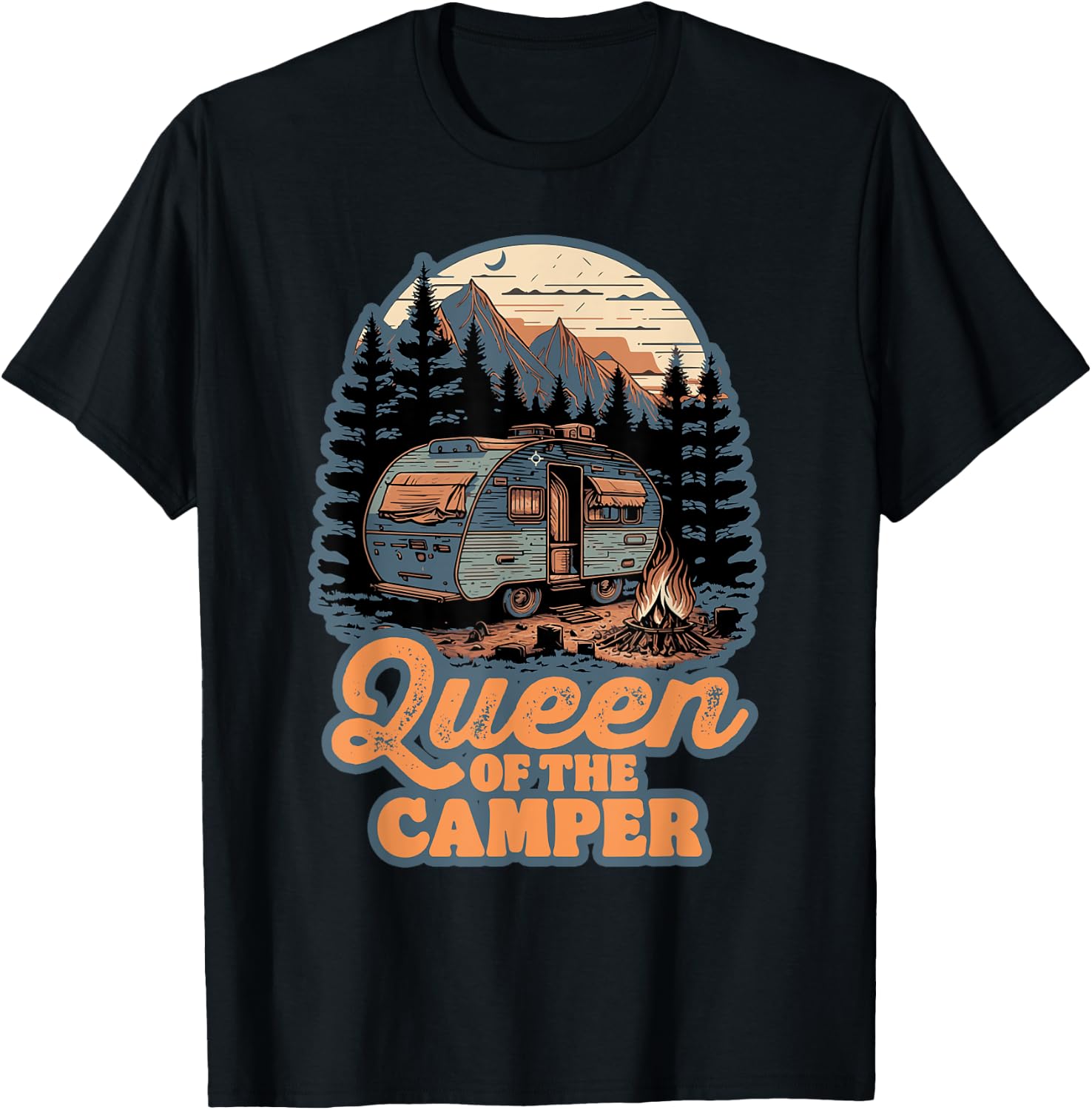 Queen of the Camper Funny RV Camping Nature Retro 70s T-Shirt - T-Shirt | Black