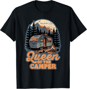 Queen of the Camper Funny RV Camping Nature Retro 70s T-Shirt - T-Shirt | Black