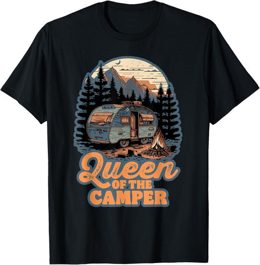 Queen of the Camper Funny RV Camping Nature Retro 70s T-Shirt - T-Shirt | Black