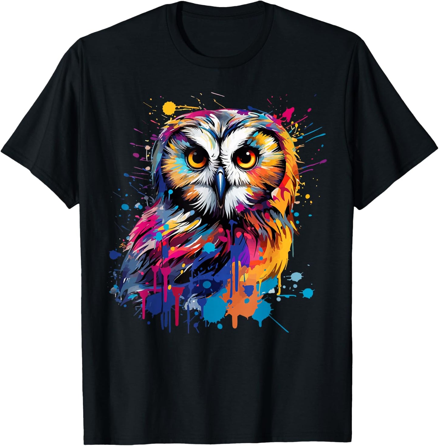 Splash Art Owls Lover Colorful Short Eared Owl T-Shirt - T-Shirt | Black