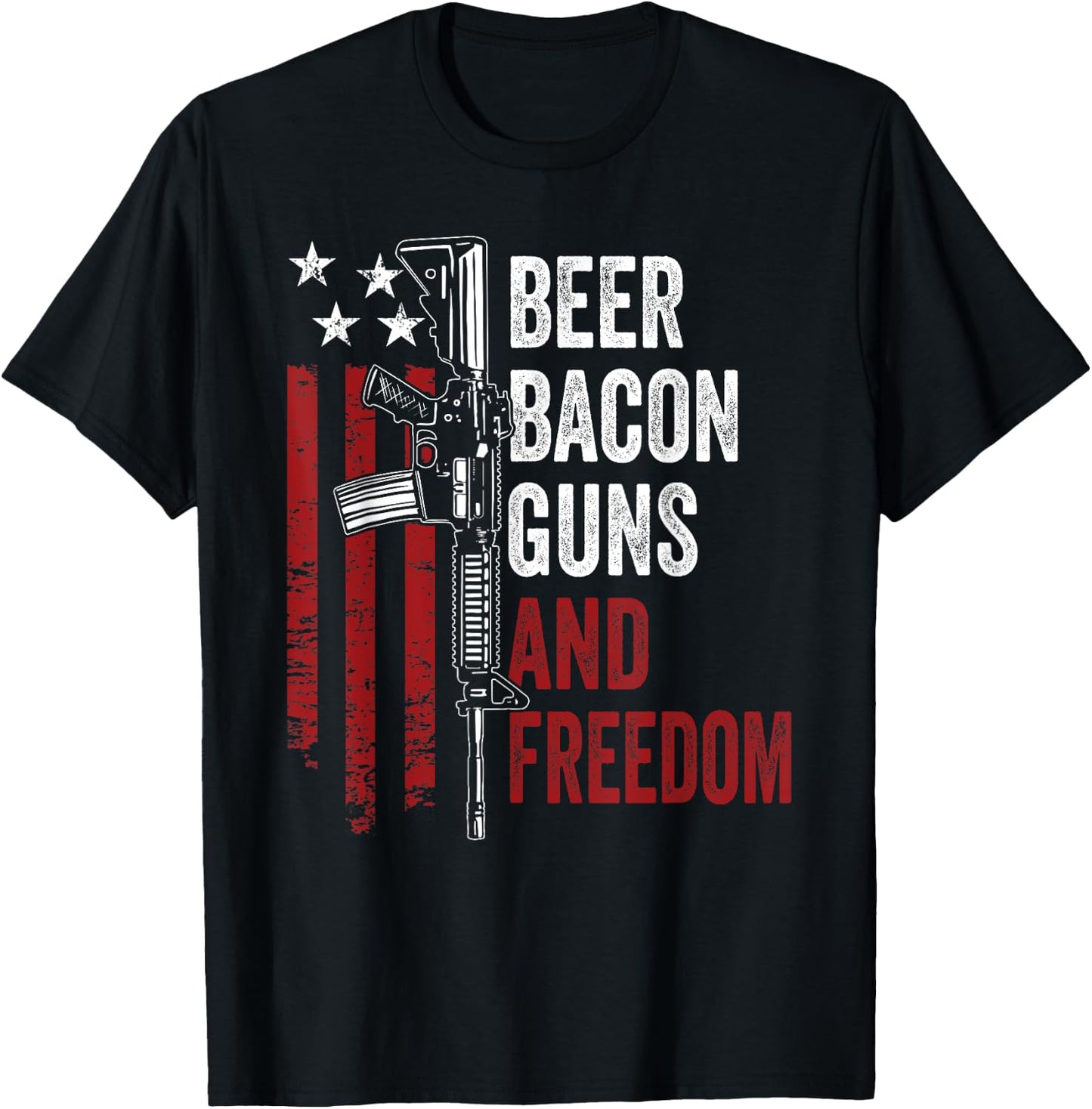 BEER BACON GUNS & FREEDOM - Funny BBQ Gun USA Flag Drinking T-Shirt - T-Shirt | Black