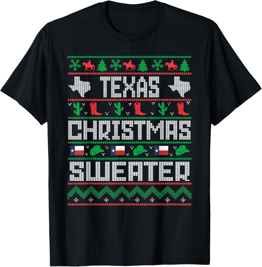 Texas Christmas Sweater Tacky Ugly Cowboy Texas Sweater T-Shirt - T-Shirt | Black