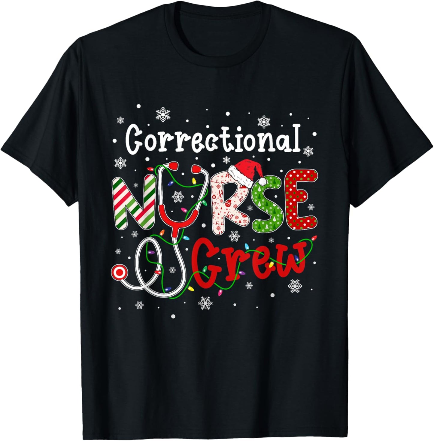 Correctional Christmas Nurse Crew Nursing Christmas Pattern T-Shirt - T-Shirt | Black