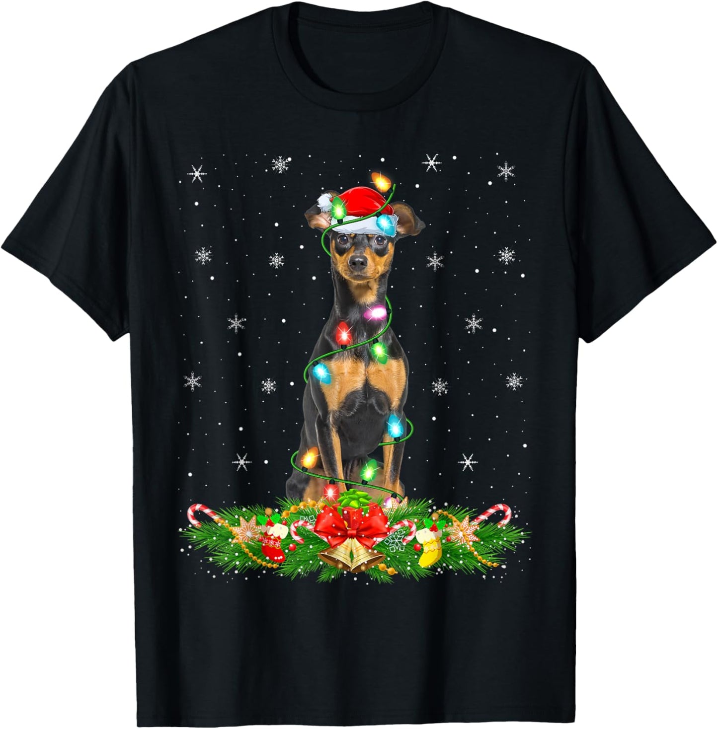 Lighting Xmas Santa Miniature Pinscher Dog Christmas T-Shirt - T-Shirt | Black
