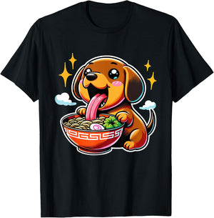Kawaii Anime Dachshund Dog Ramen T-Shirt - T-Shirt | Black
