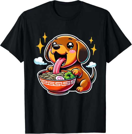 Kawaii Anime Dachshund Dog Ramen T-Shirt - T-Shirt | Black