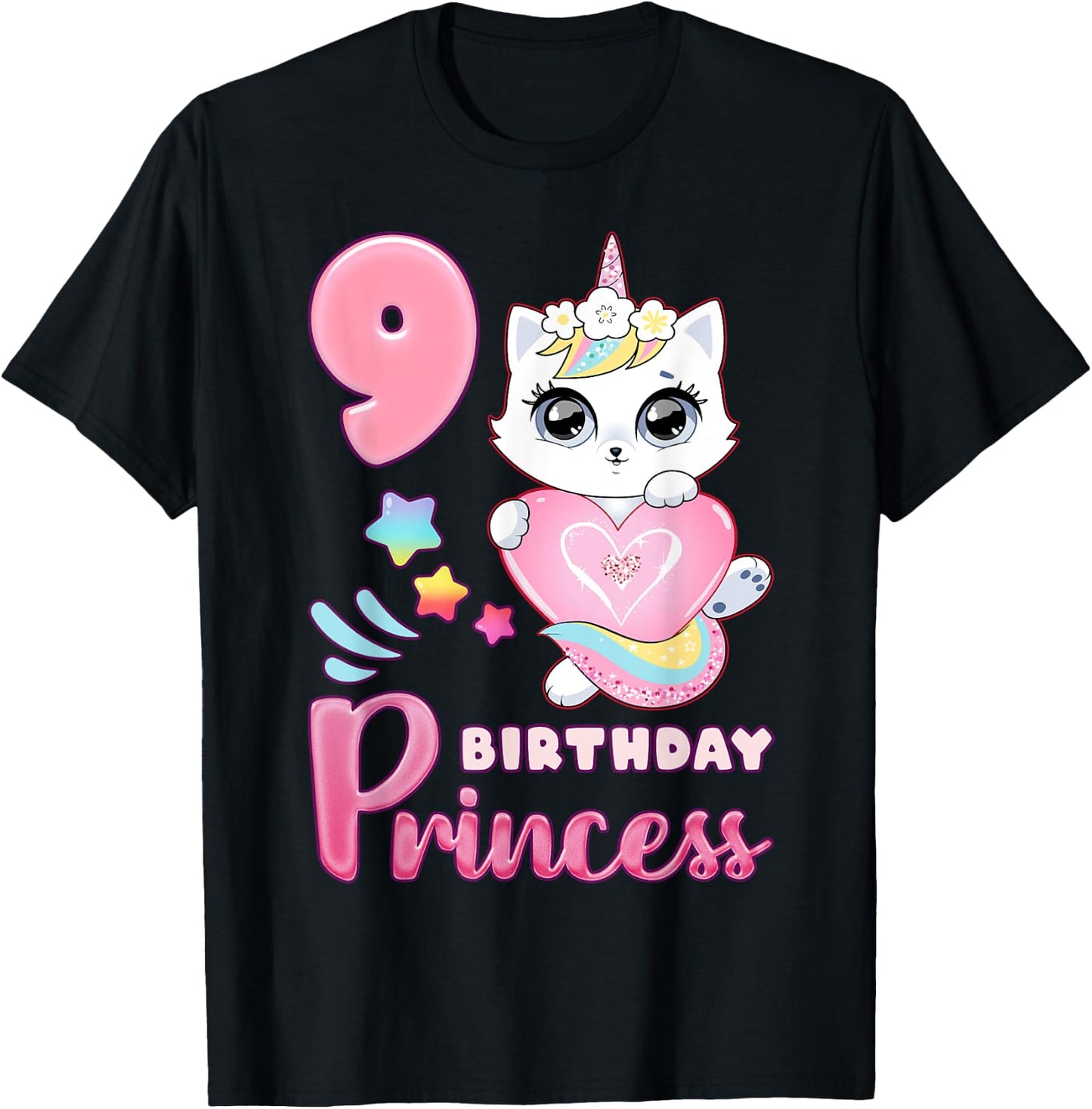 Girl, 9th birthday, unicorn cat, number 9 T-Shirt - T-Shirt | Black