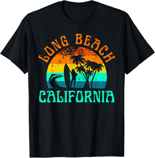 Long Beach California Surf Summer Vacation Girl Vintage T-Shirt - T-Shirt | Black