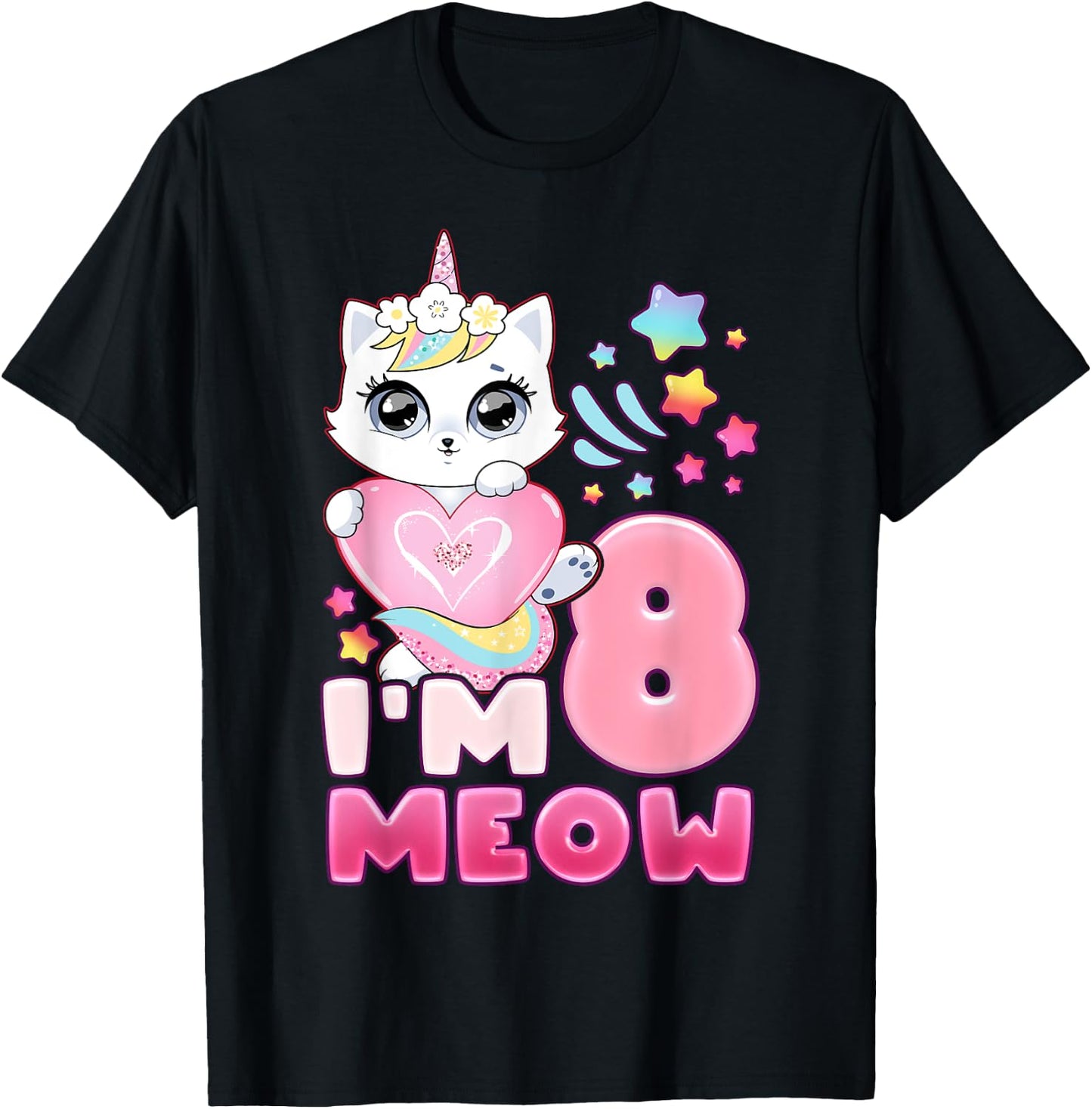 Birthday girl 8 years old, cat, unicorn, 8th birthday T-Shirt - T-Shirt | Black