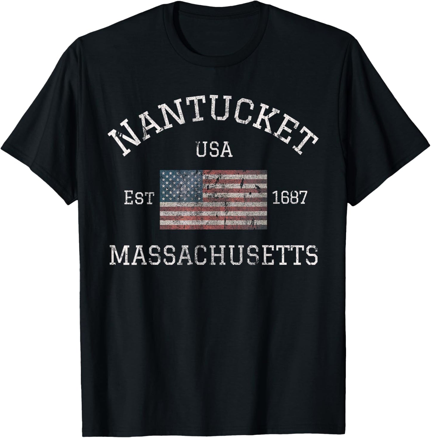 Nantucket Massachusetts American Flag USA Travel Vintage T-Shirt - T-Shirt | Black