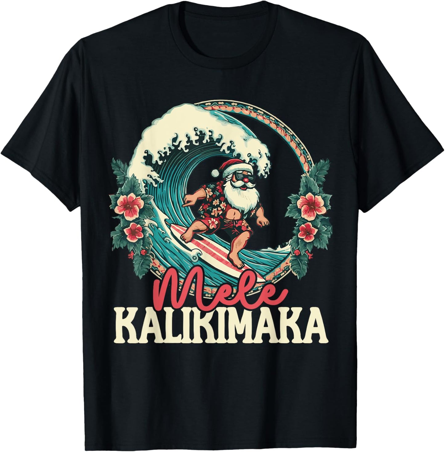 Mele Kalikimaka Santa Surfing Christmas Hawaiian Shaka Wave T-Shirt - T-Shirt | Black