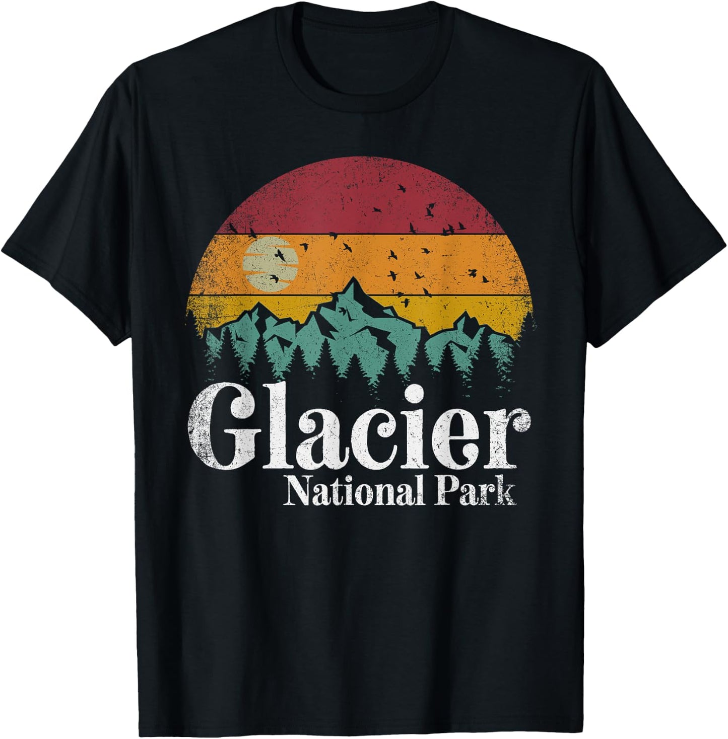 Glacier National Park Mountains Retro Hiking Camping Gift T-Shirt - T-Shirt | Black