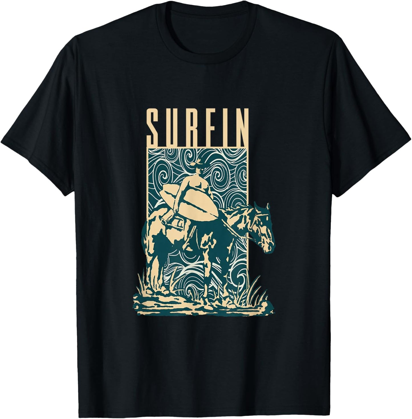 Surfin | Cowboy Cowboy With Surfboard | Surfing Surfer T-Shirt - T-Shirt | Black