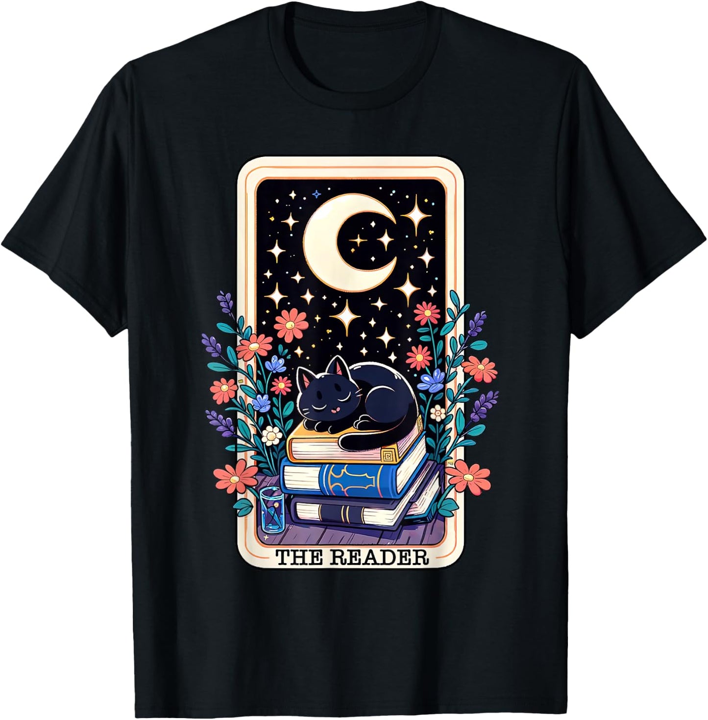 The Reader Tarot Card Cute Cat On Books Stack Book Lover Men Women T-Shirt - T-Shirt | Black