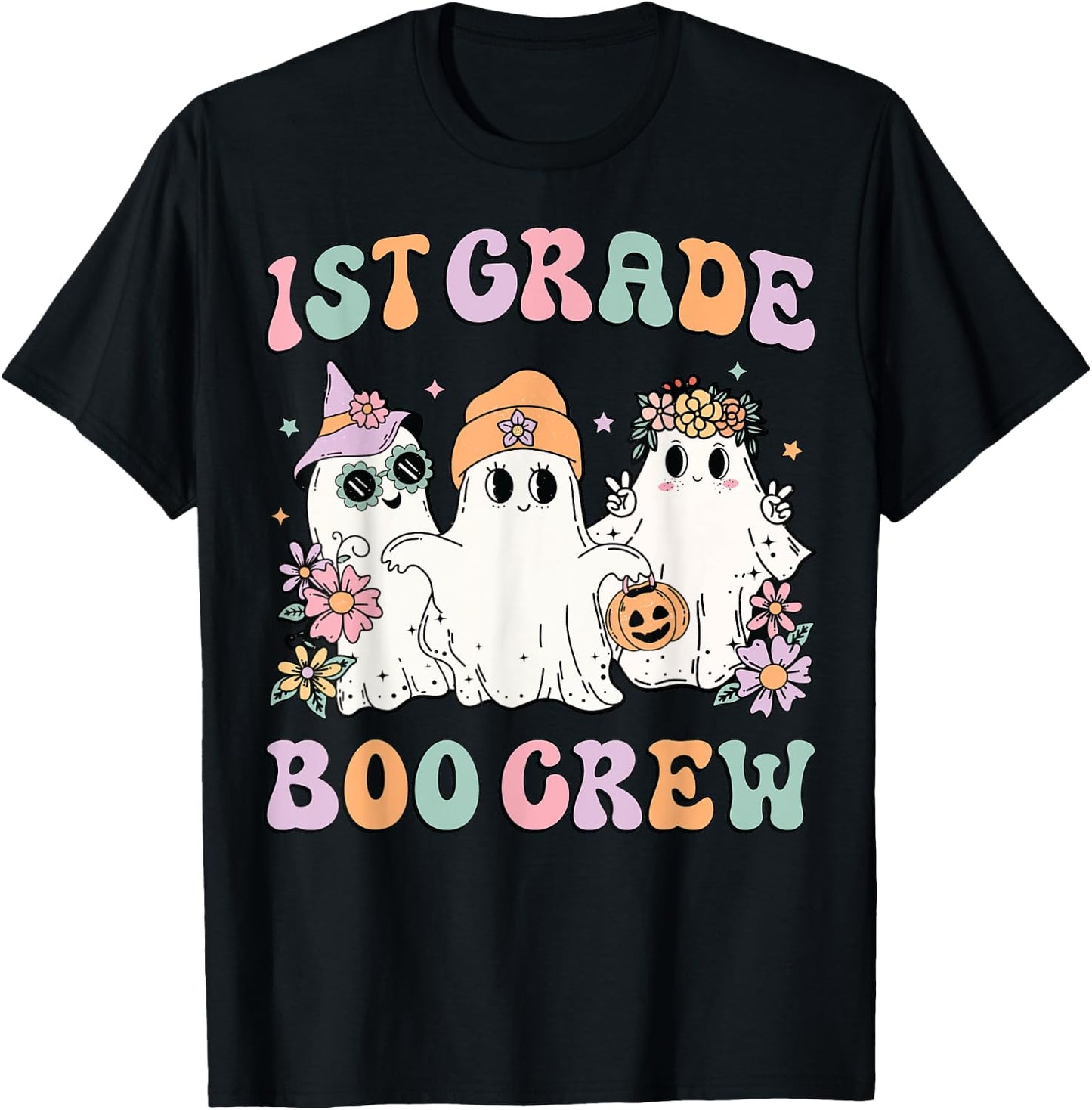 1st Grade Boo Crew Groovy Halloween Floral Ghost Kid Teacher T-Shirt - T-Shirt | Black