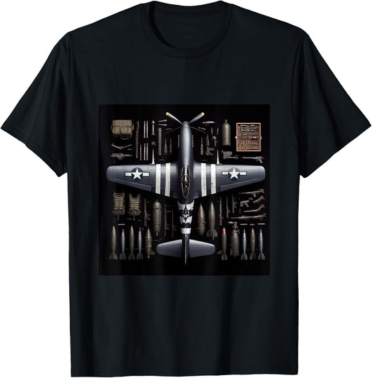 WW2 Warplane P51 Mustang Assembly Parts Blueprint T-Shirt - T-Shirt | Black