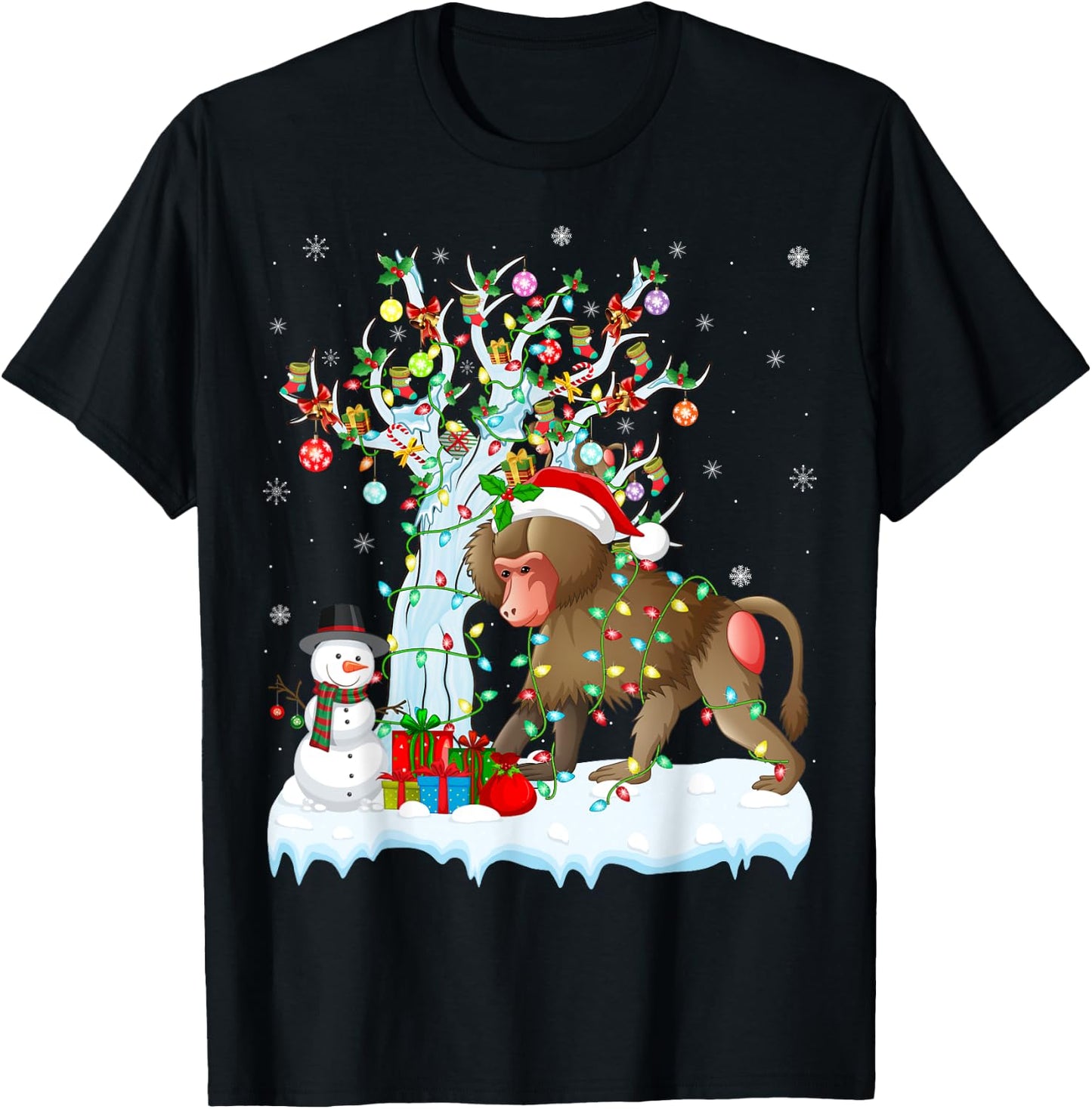 Xmas Element Tree Lighting Santa Baboon Christmas T-Shirt - T-Shirt | Black