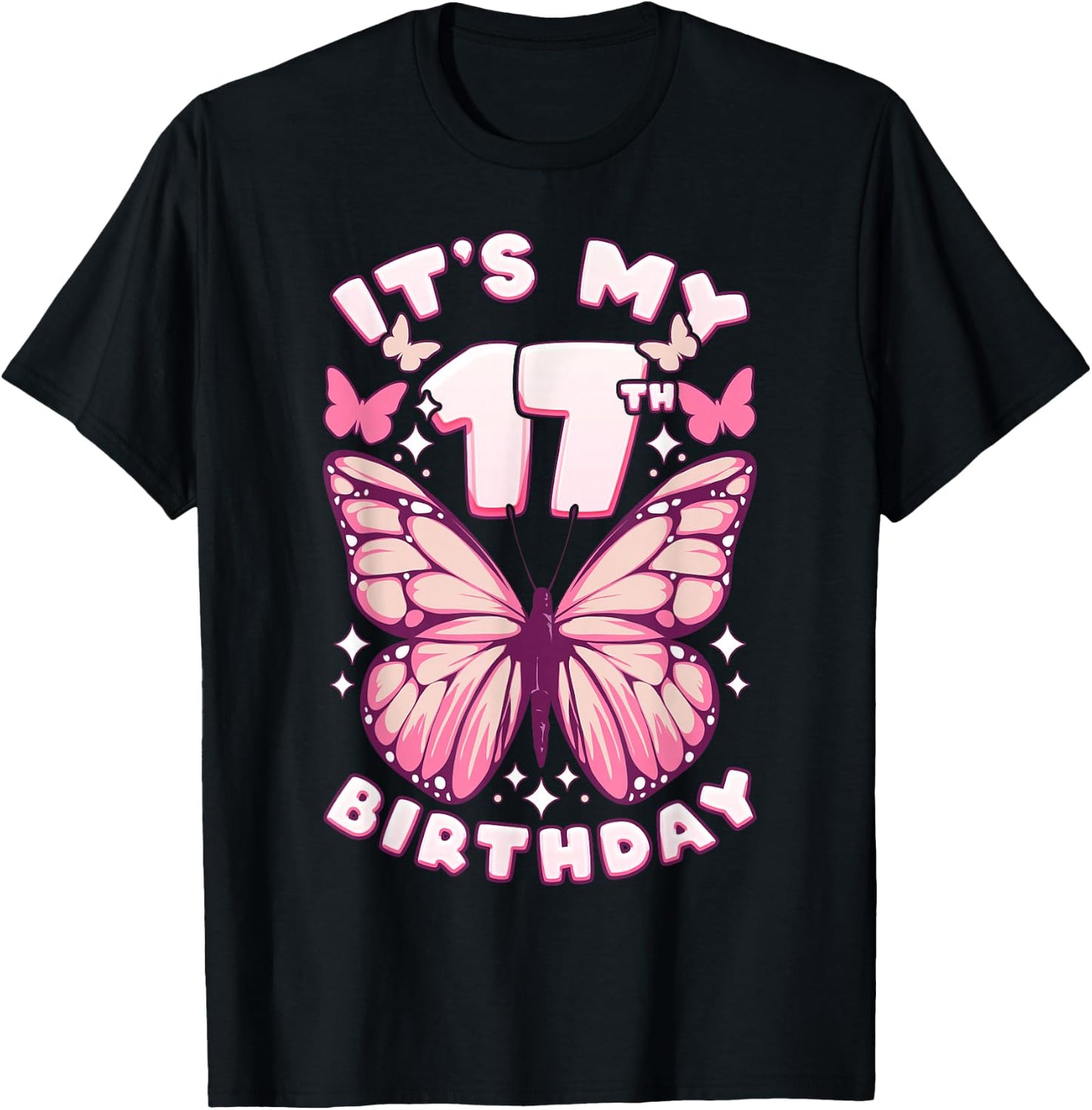 17th Birthday Girl 17 Years Old Butterflies and Number T-Shirt - T-Shirt | Black