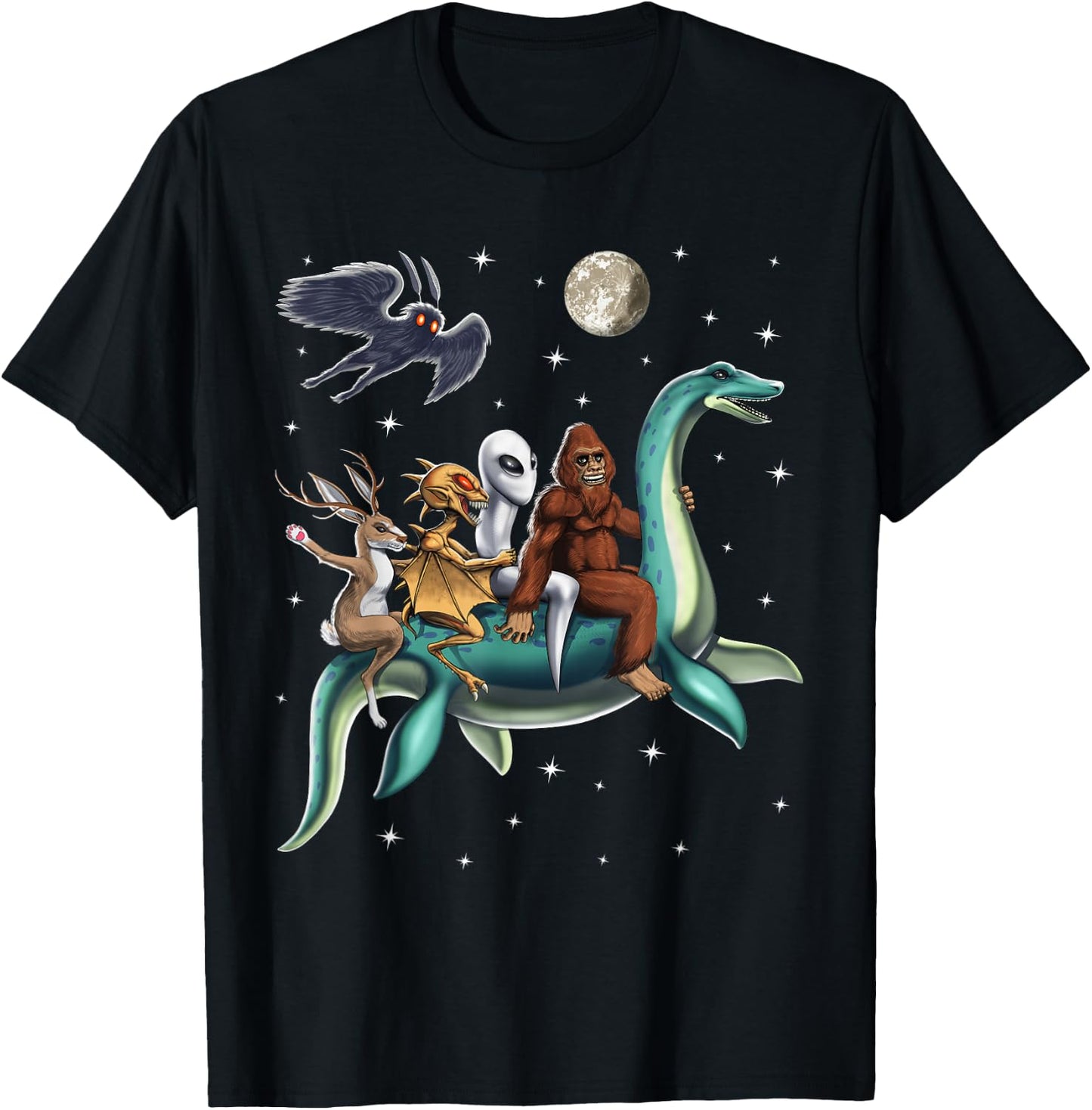 Cryptid Bigfoot Jackalope Mothman Loch Ness Monster T-Shirt - T-Shirt | Black