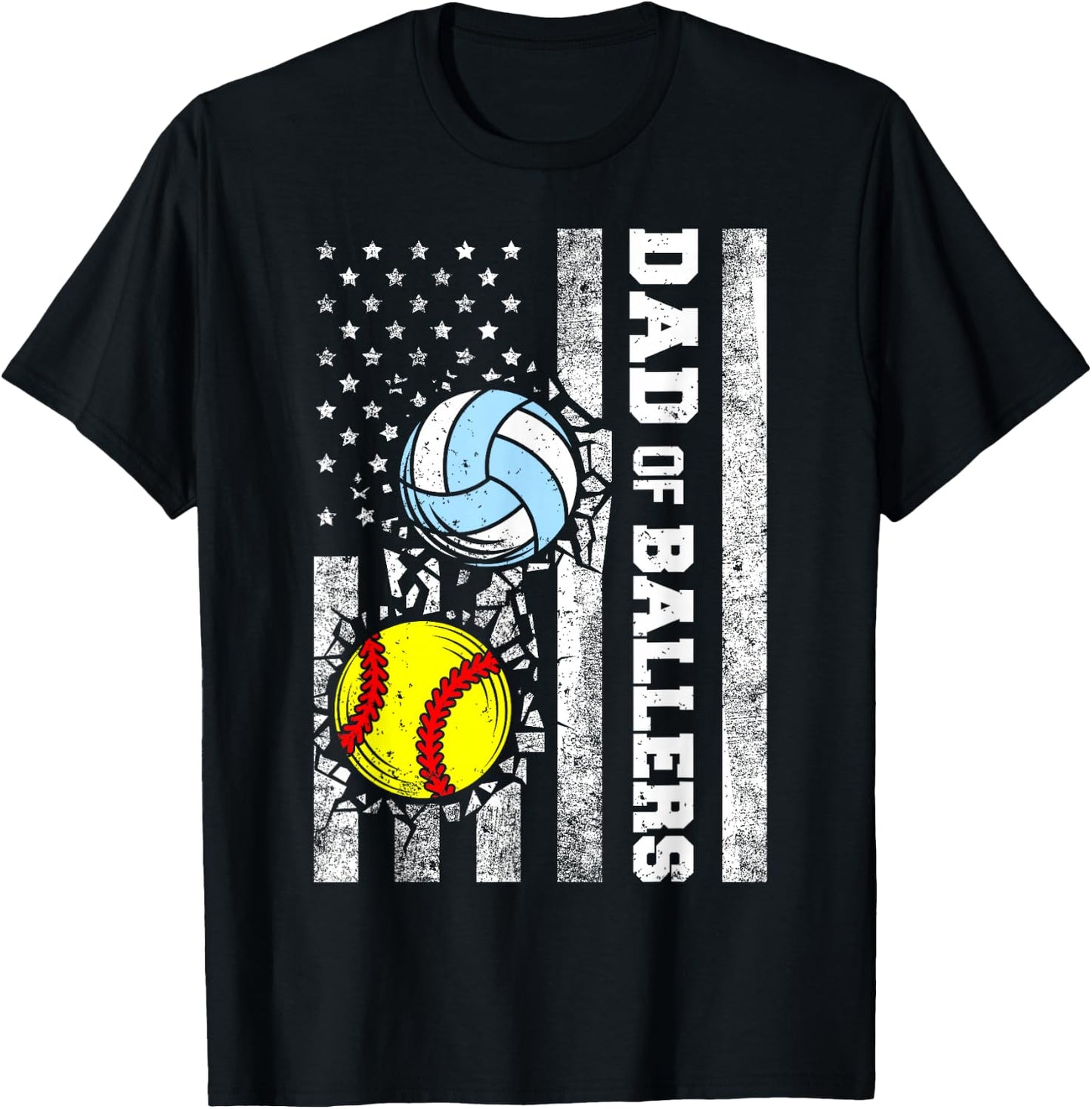 Dad of Ballers Funny USA Flag Softball Volleyball Dad T-Shirt - T-Shirt | Black