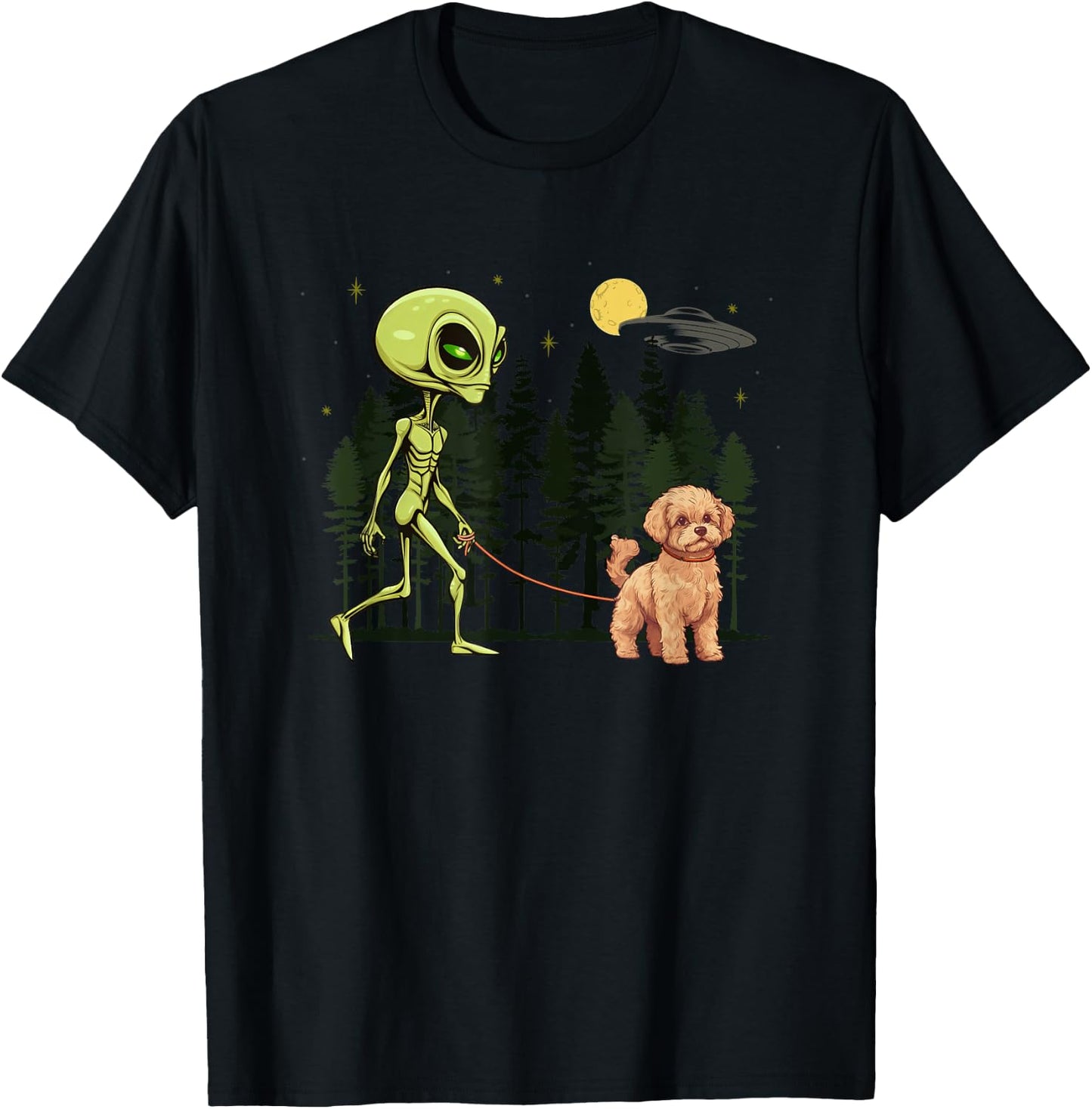 Funny Maltipoo Alien Walking UFO Pet Dog Mom Dad Women Kids T-Shirt - T-Shirt | Black