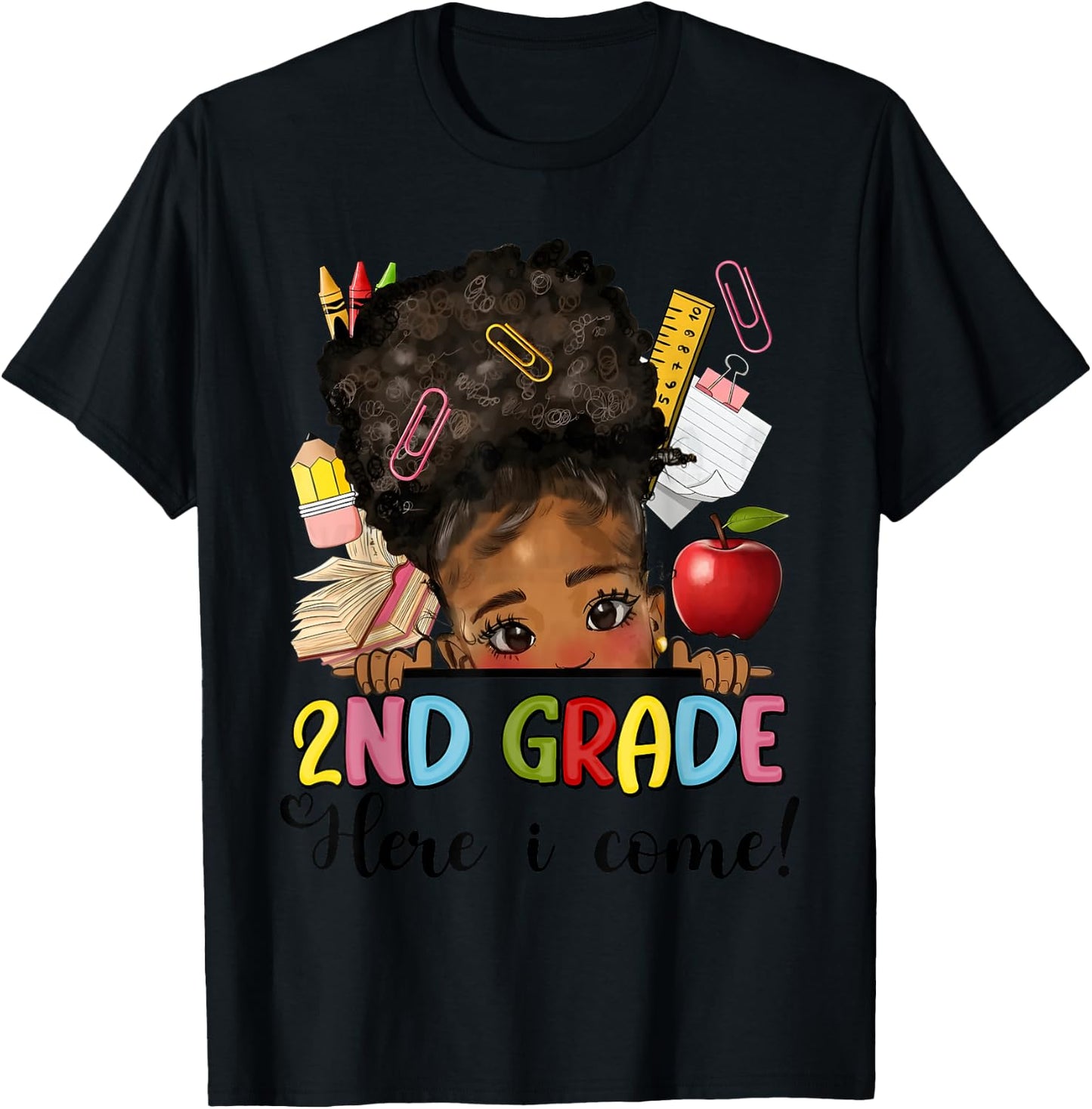 Second Grade Here I come Afro Girl Messy Bun Back to school T-Shirt - T-Shirt | Black