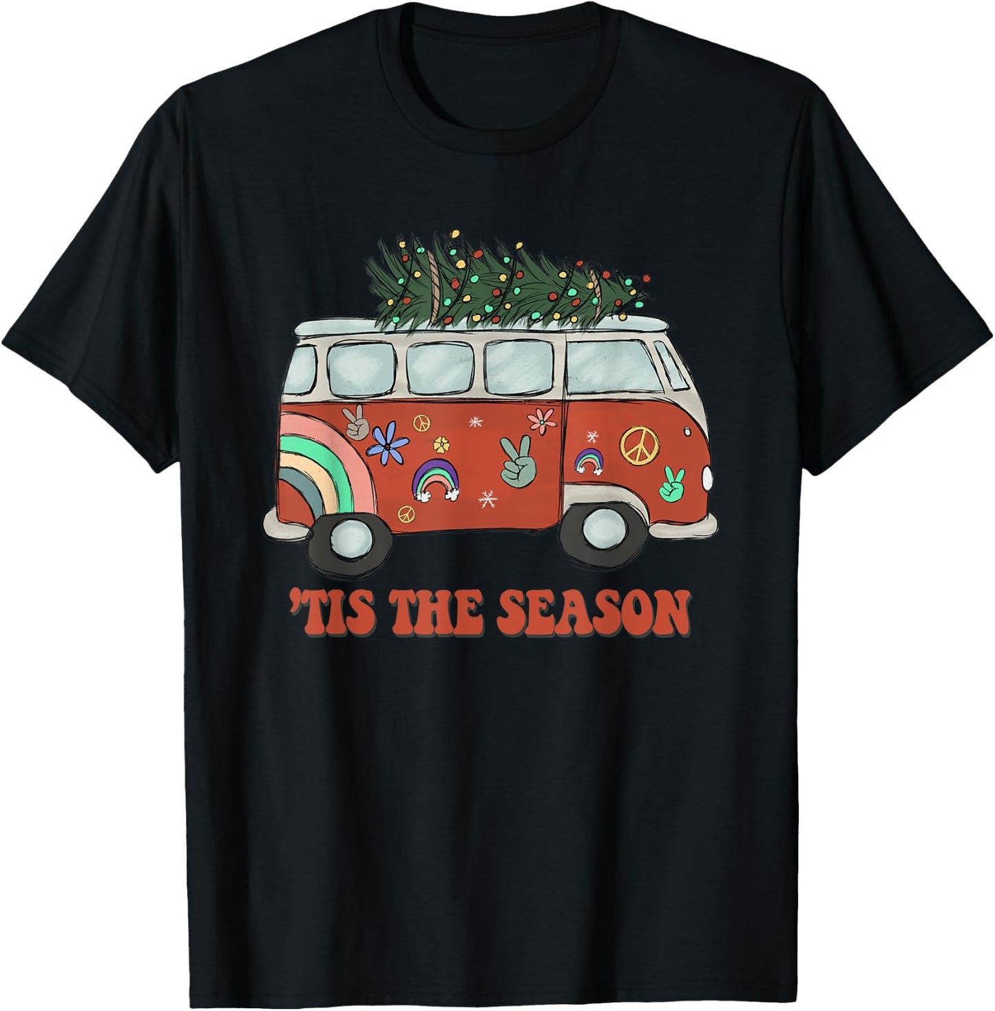 Tis the Season Hippie Christmas Retro Vintage Peace Camping T-Shirt - T-Shirt | Black