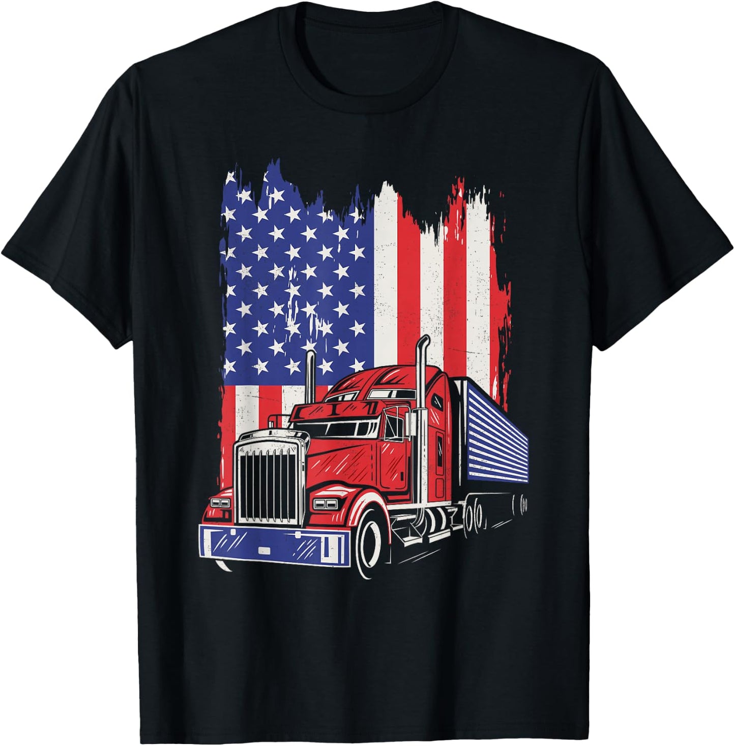 Trucker American Flag Truck Driver 18 Wheeler 4th of July T-Shirt - T-Shirt | Black