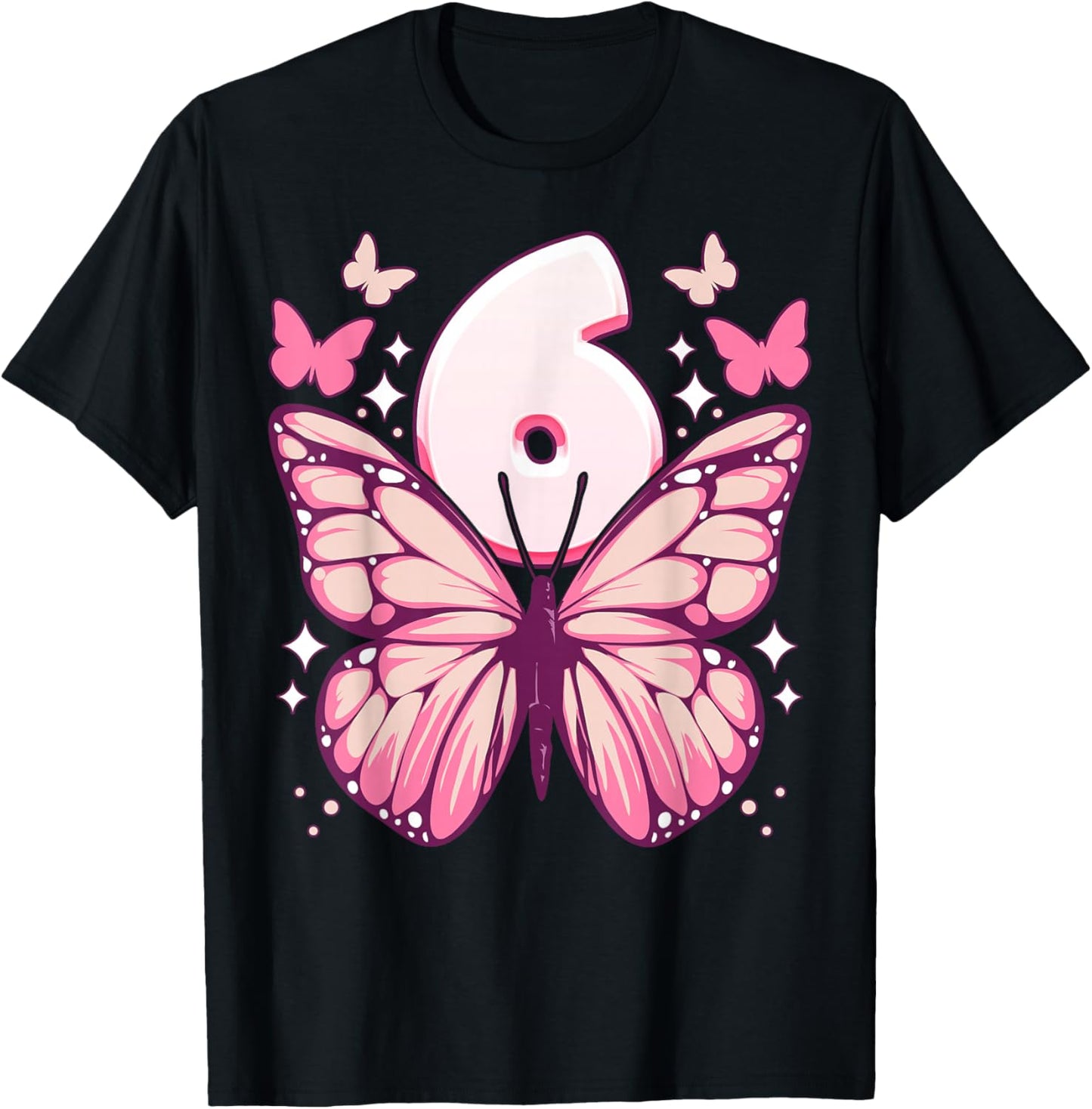 Birthday Girl 6 Years, Butterflies and Number 6 T-Shirt - T-Shirt | Black