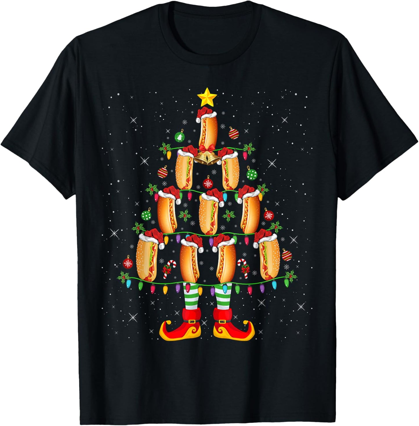 Hot Dog Lover Xmas Holiday Lighting Hot Dog Christmas Tree Women Kids T-Shirt - T-Shirt | Black