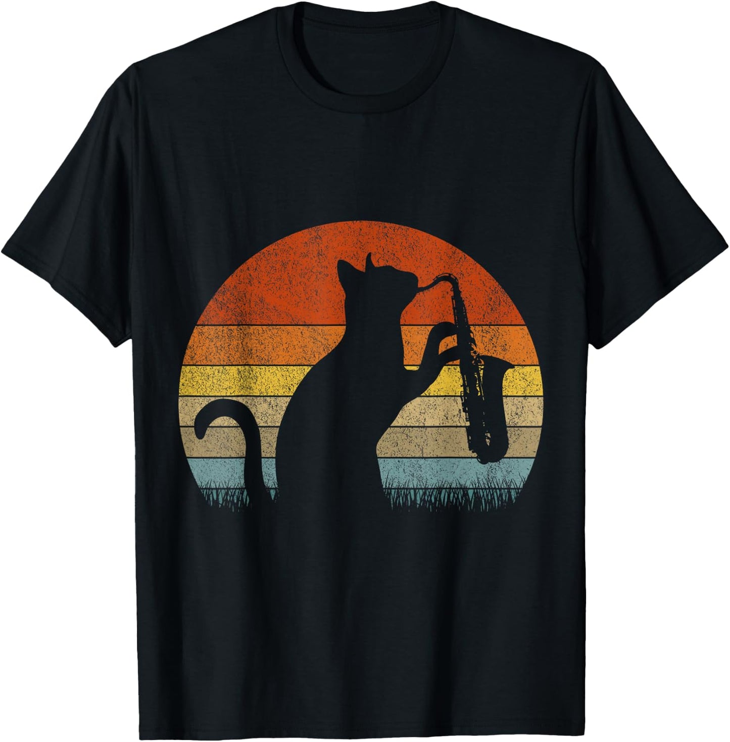 Funny Saxophone Cat Musician Jazz Music Lover Retro Vintage T-Shirt - T-Shirt | Black