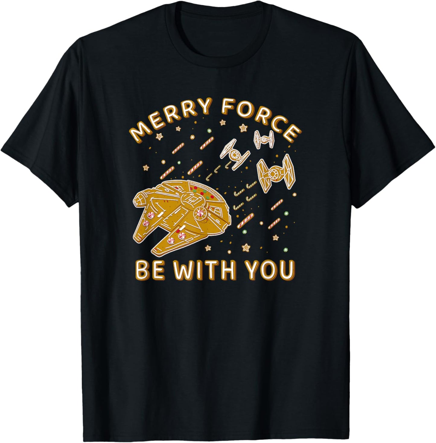 Star Wars Christmas Merry Force Be With You Gingerbread Ship T-Shirt - T-Shirt | Black