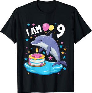 9 Years old Boy or Girl Dolphins 9th birthday Dolphin T-Shirt - T-Shirt | Black