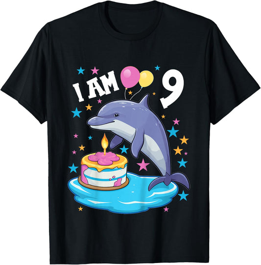 9 Years old Boy or Girl Dolphins 9th birthday Dolphin T-Shirt - T-Shirt | Black