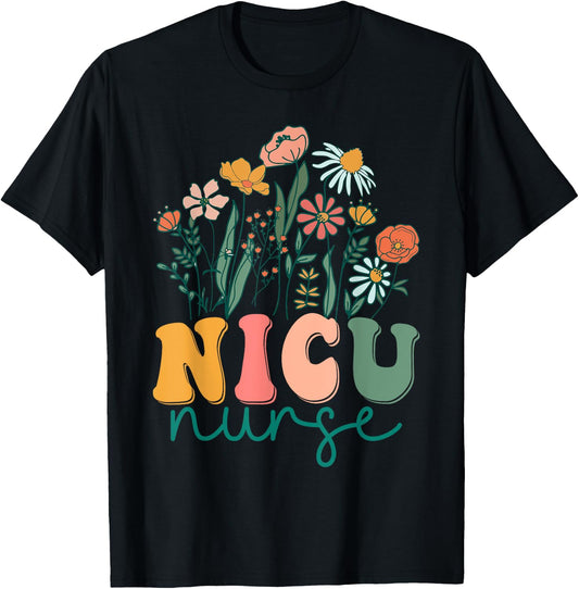 Groovy Wildflower Nicu Nurse T-Shirt - T-Shirt | Black