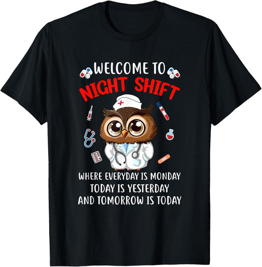 Owl Night Shift Funny Nurse Nursing Rn Lpn Cna Women T-Shirt - T-Shirt | Black