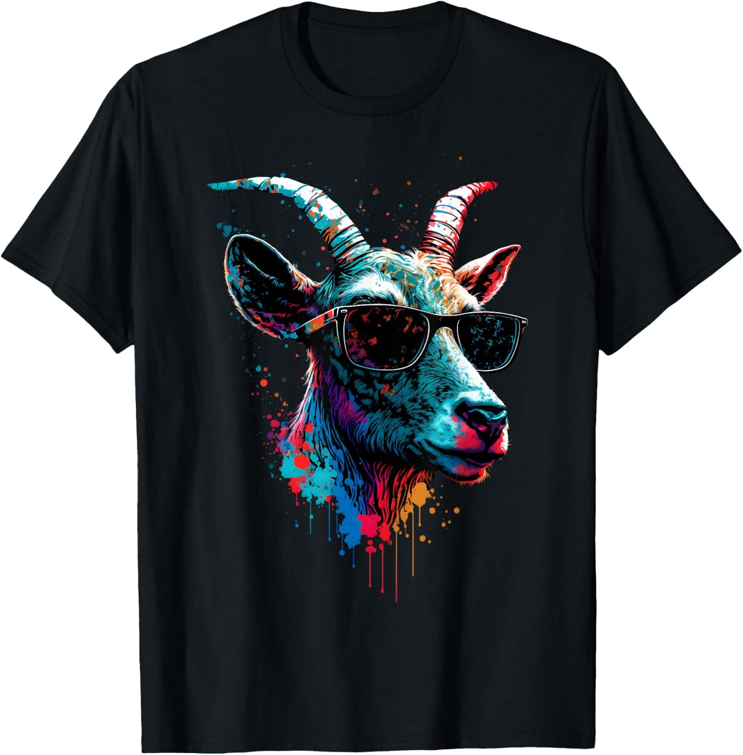 Goat In Sunglasses Abstract Print Rainbow Music Goat T-Shirt - T-Shirt | Black