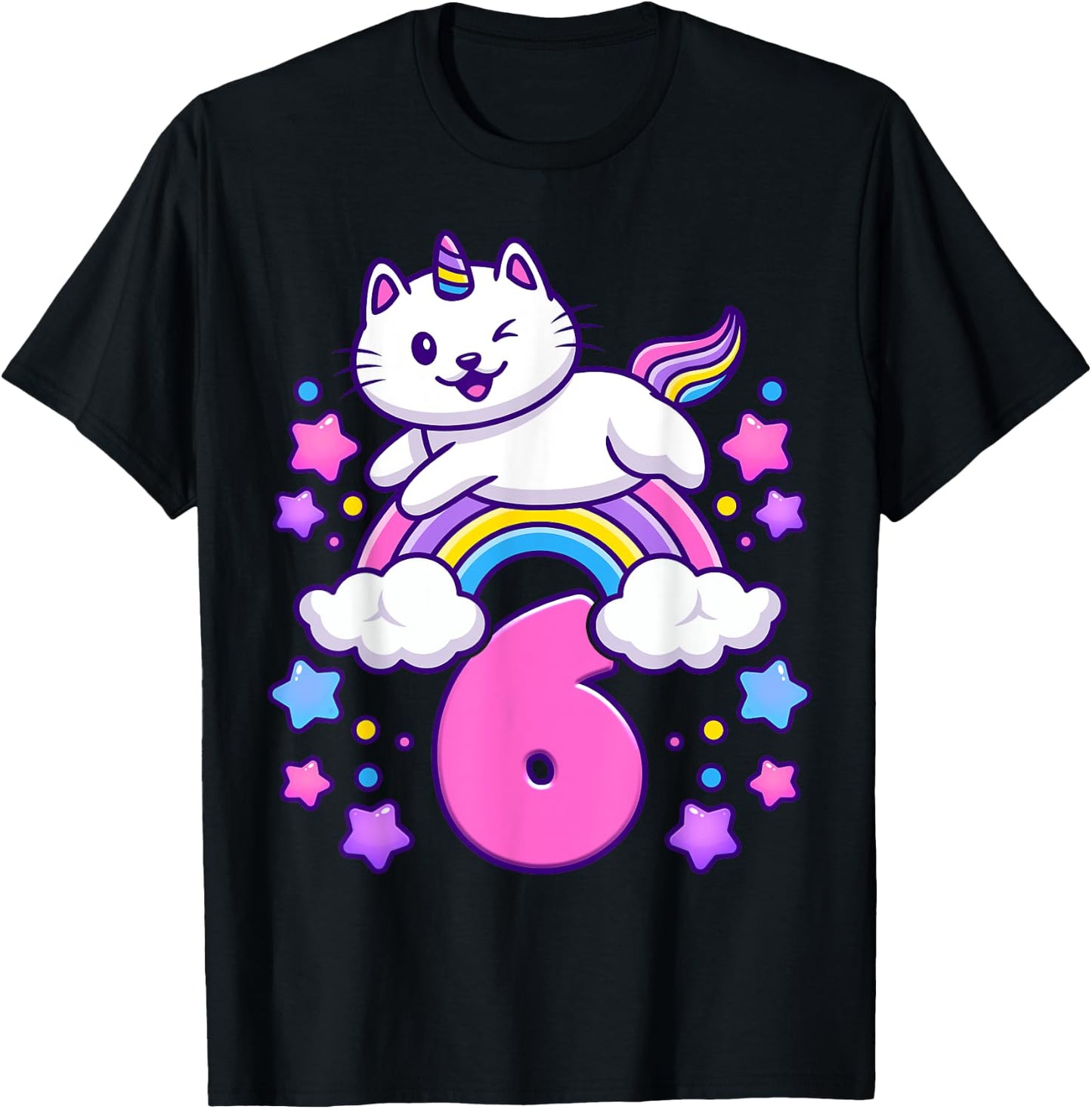 Birthday girl 6 years old, cat, unicorn, 6th birthday T-Shirt - T-Shirt | Black