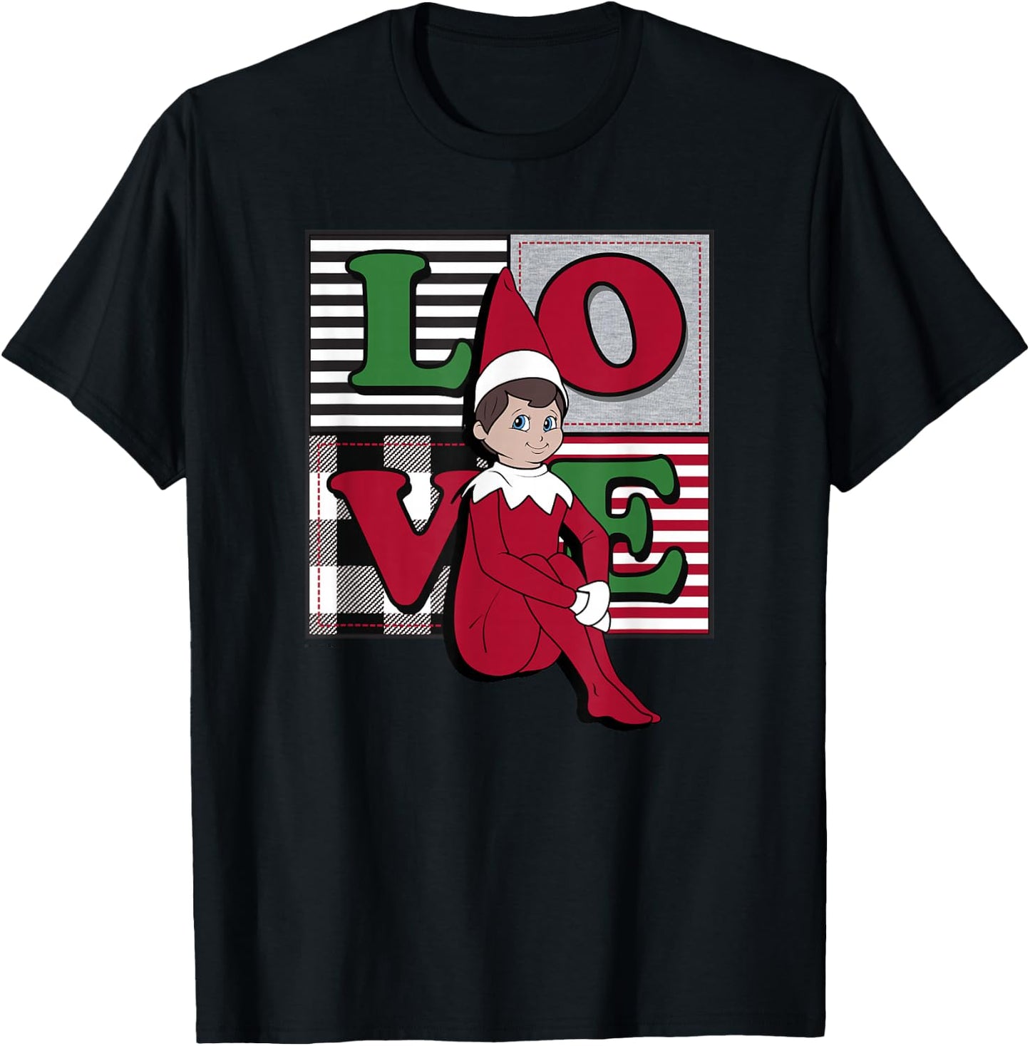Elf on The Shelf Christmas Love Stacked Plaid Squares Logo T-Shirt - T-Shirt | Black
