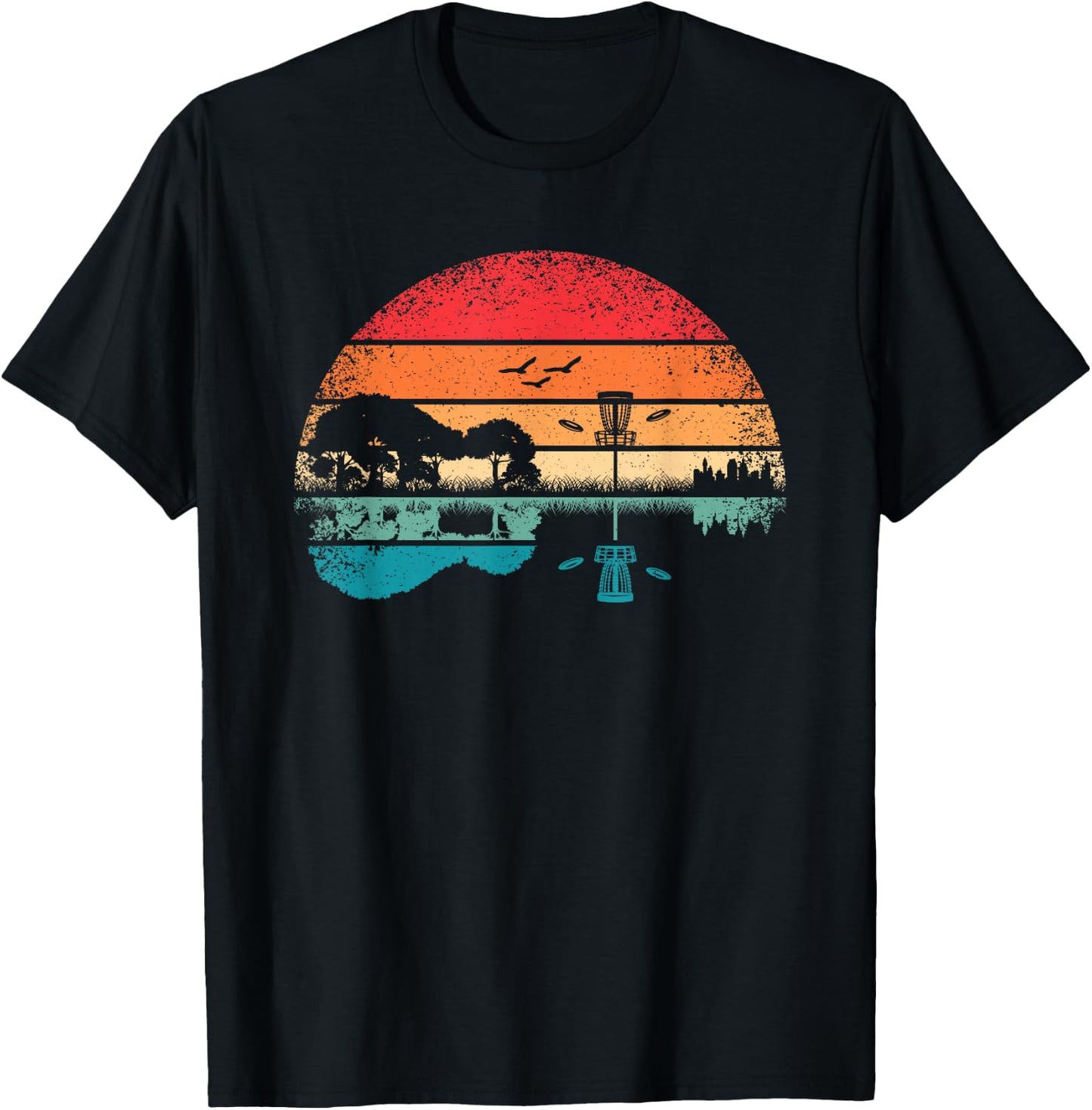 Funny Disc Golf Basket Frisbee Tree Retro Guitar Men Women T-Shirt - T-Shirt | Black