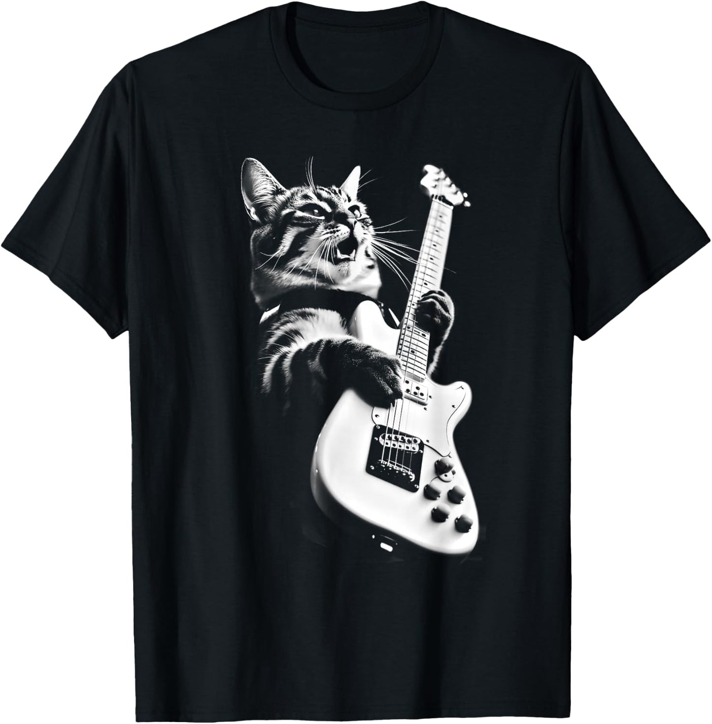 Rock Cat Playing Guitar - Funny Guitar Cat Small T-Shirt - T-Shirt | Black