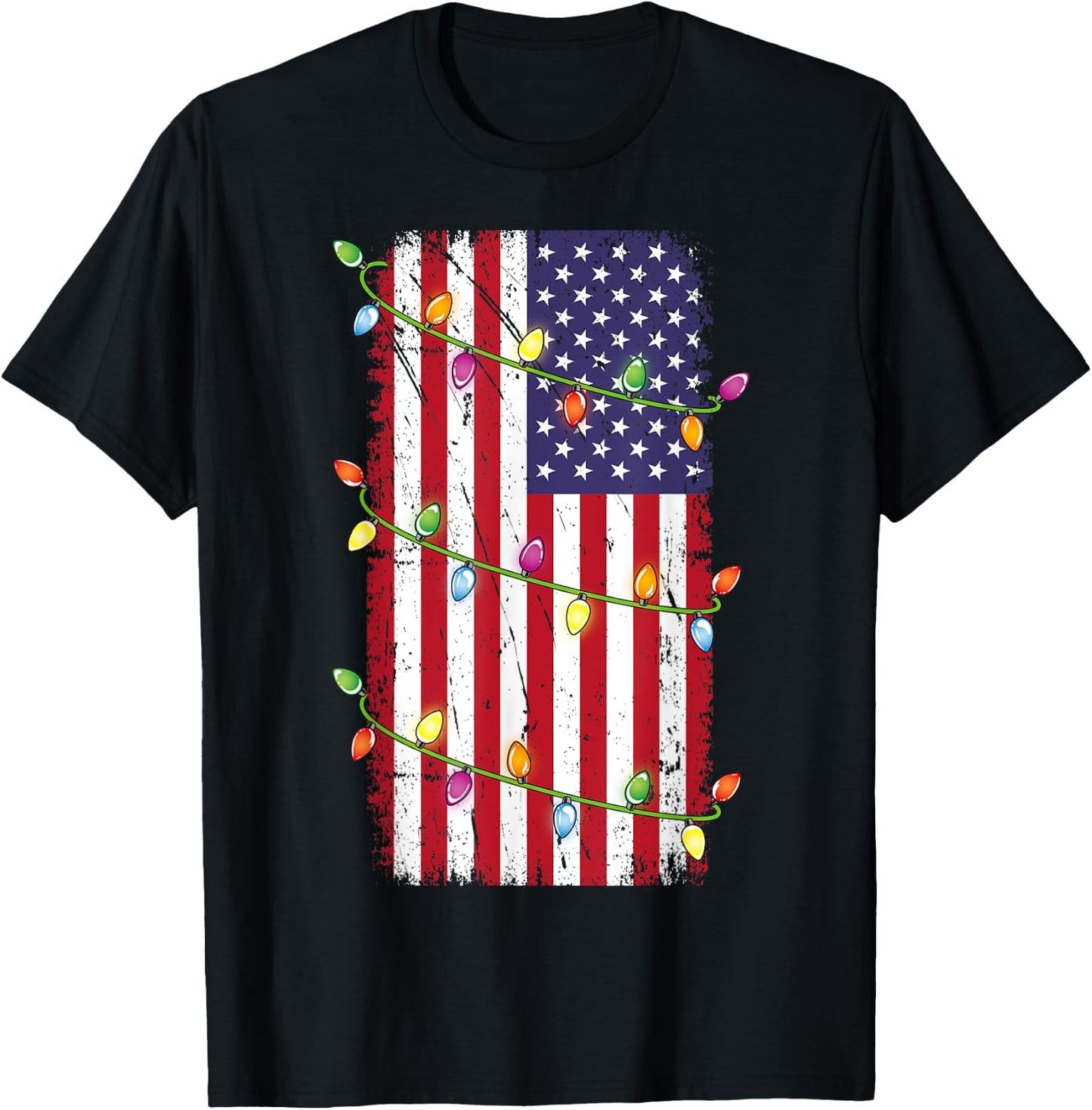 Christmas Lights USA Flag Shirt Patriotic Veteran Christmas T-Shirt - T-Shirt | Black