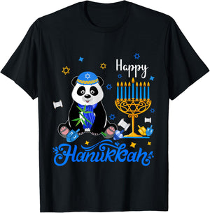Happy Hanukkah Panda Wearing Jewish Hat Menorah Dreidel T-Shirt - T-Shirt | Black