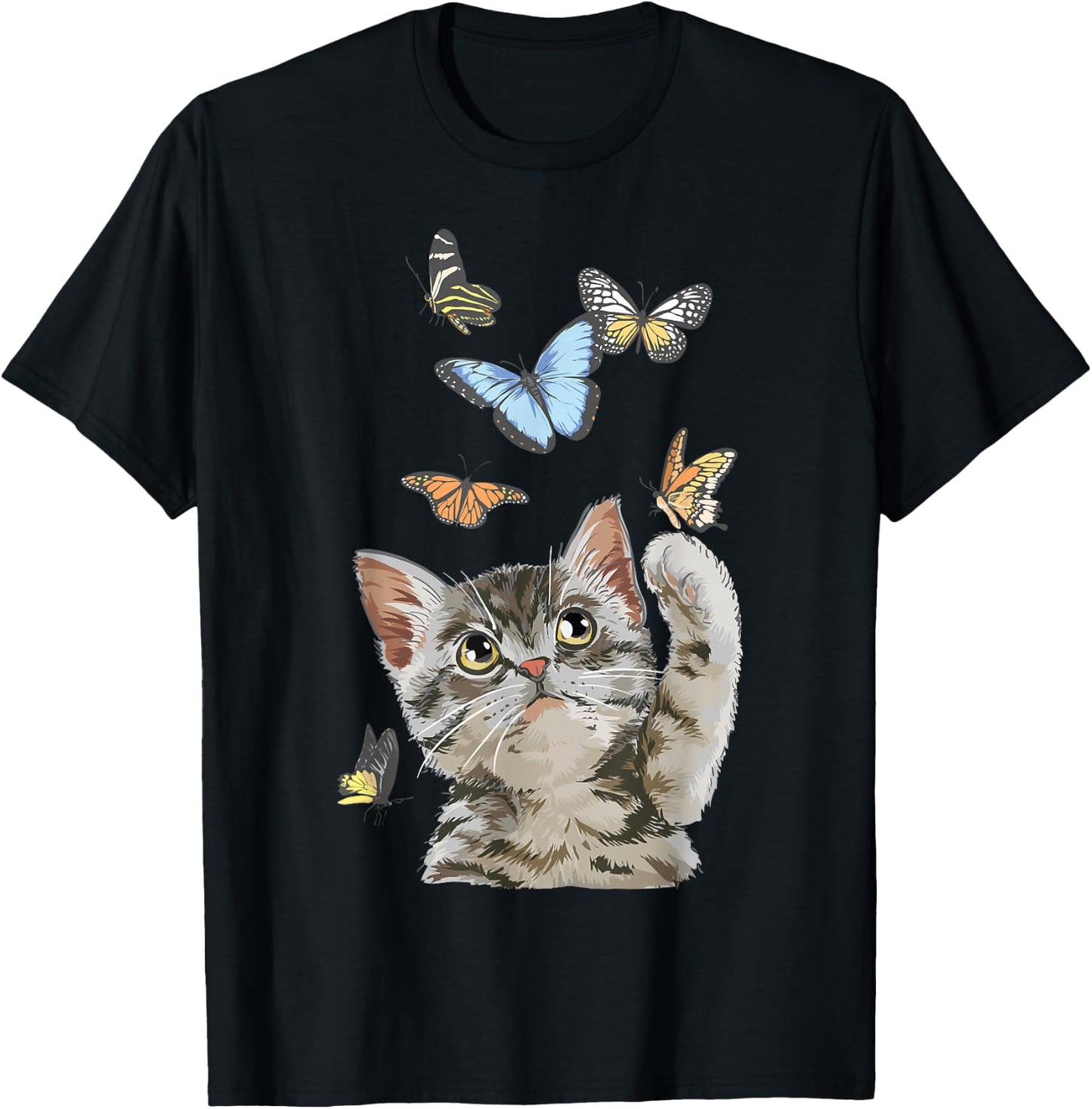 cute Kitty cat playing butterflies for lover cats kitten T-Shirt - T-Shirt | Black