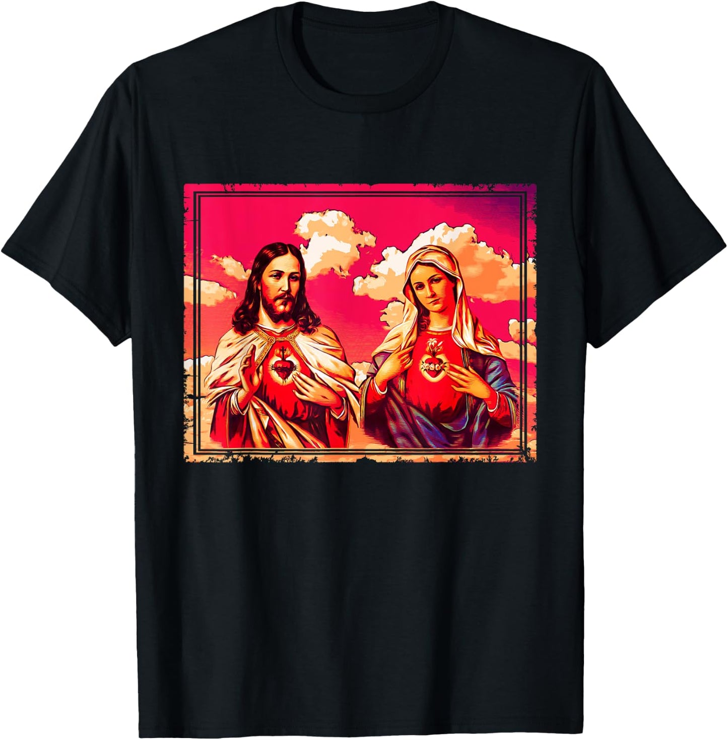 Sacred Heart and Immaculate Heart Picture Jesus and Mary T-Shirt - T-Shirt | Black