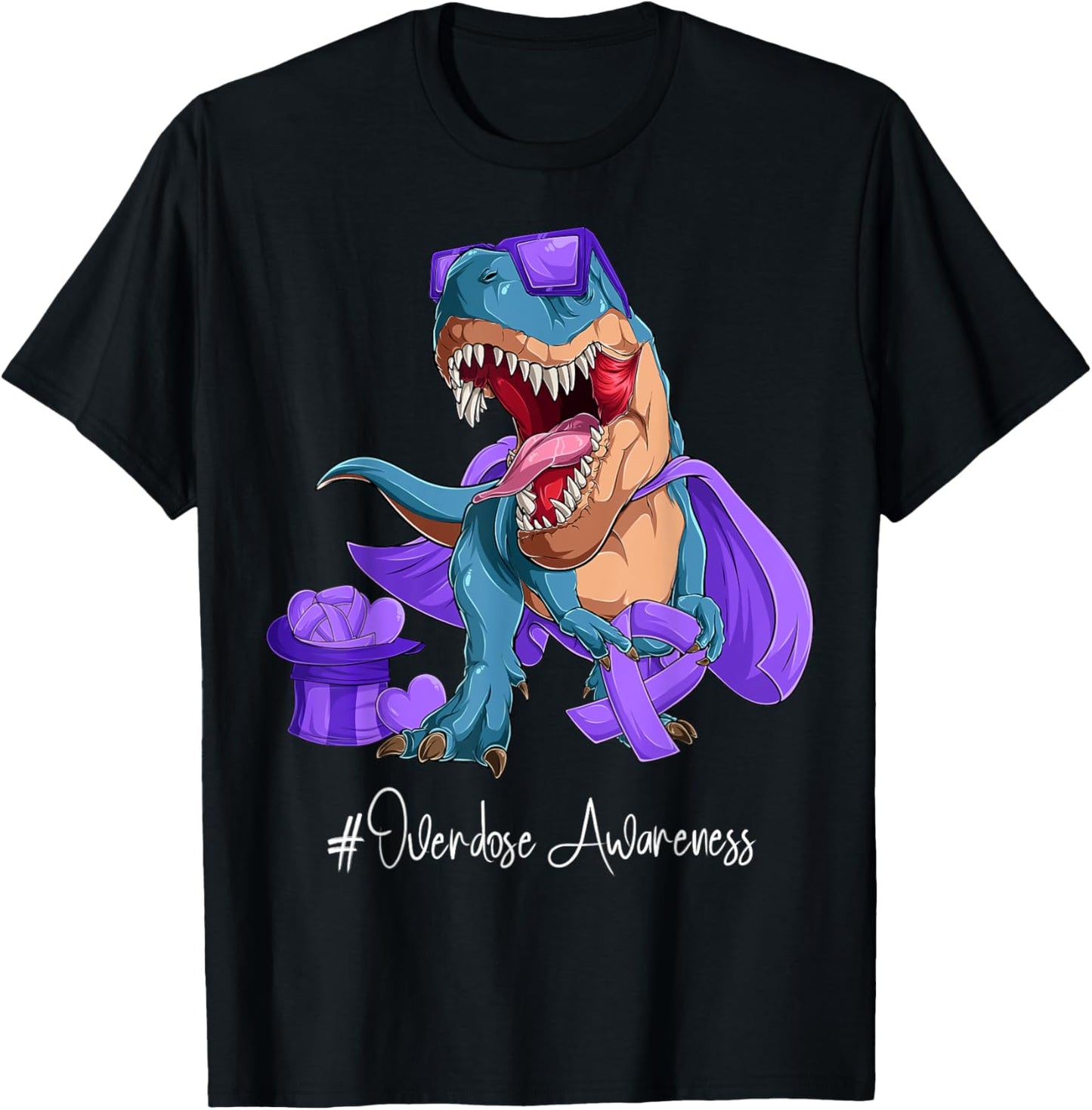 Overdose Awareness Month Purple Ribbon Trex T-Shirt - T-Shirt | Black