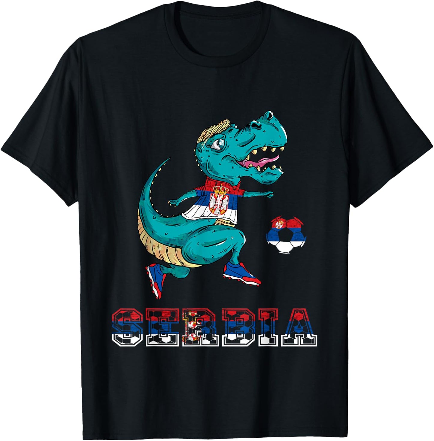 Serbian Football Serbian Roots Serbia Flag Dino T-Rex Serbia T-Shirt - T-Shirt | Black