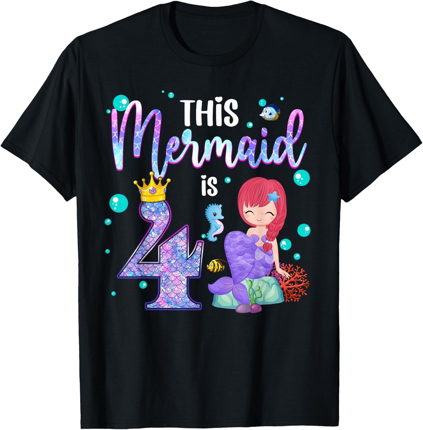 Girls 4th Birthday This Mermaid is 4 Years Old Mermaid Kids T-Shirt - T-Shirt | Black