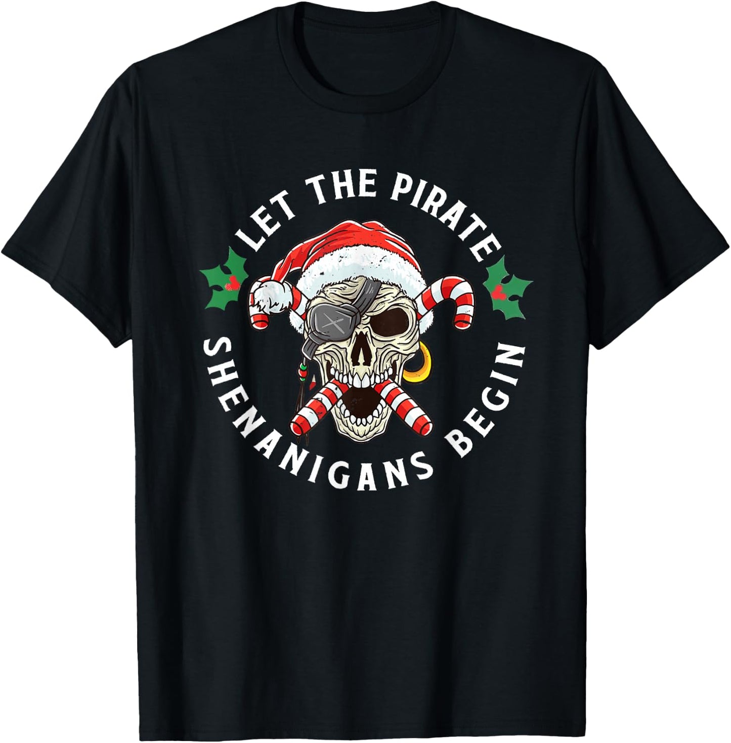 Skeleton Skull Santa Pirate Candy Cane Christmas Jolly Roger T-Shirt - T-Shirt | Black