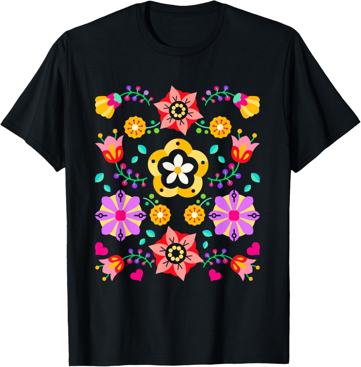 Scandinavian Folklore Botanical Folk Vintage Flower Lover T-Shirt - T-Shirt | Black